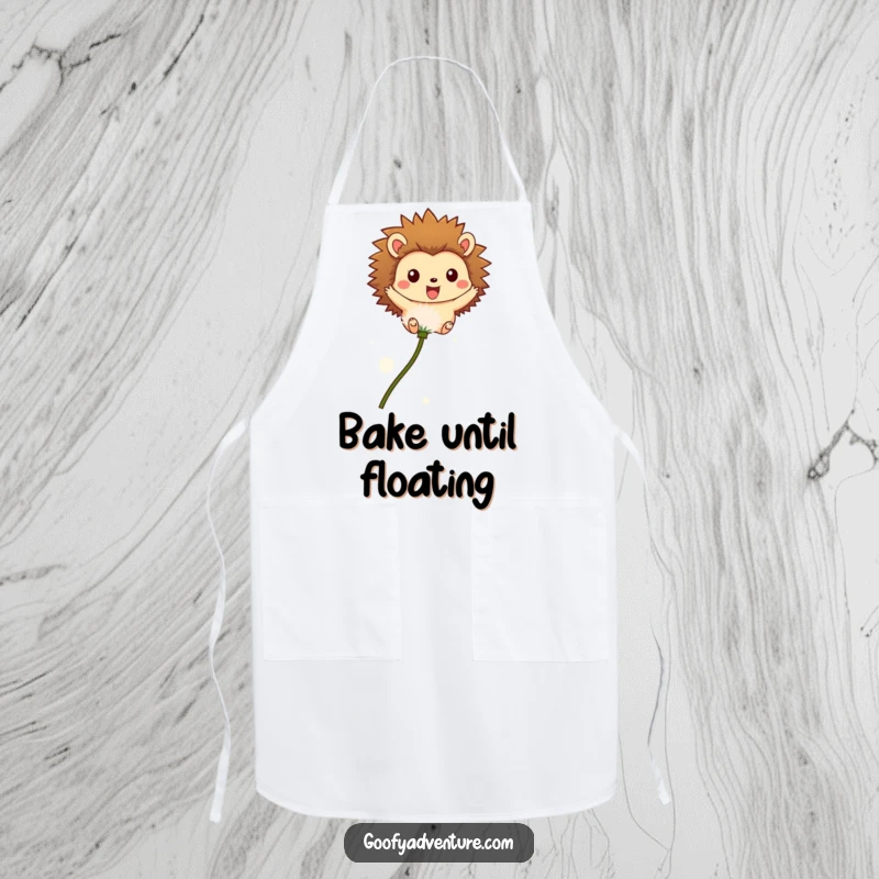 Funny apron showcasing a happy hedgehog character flying on a dandelion seed, ideal for kitchen fun and protecting clothes.