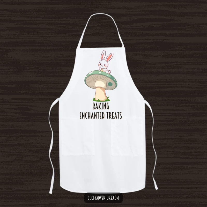 Funny cheerful bunny wearing an apron, riding a whimsical mushroom through the air, symbolizing magical culinary creations.