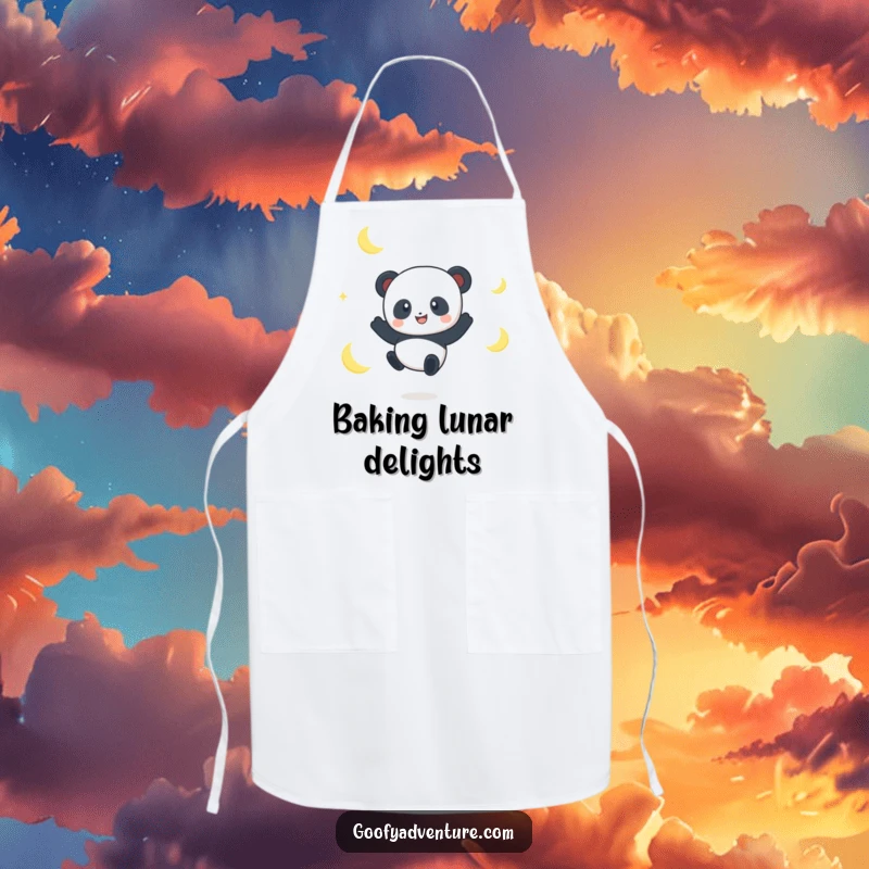 Funny Panda Moon Jumper Apron: A smiling panda character leaps between crescent moons, adding humor and magic to your tasks.