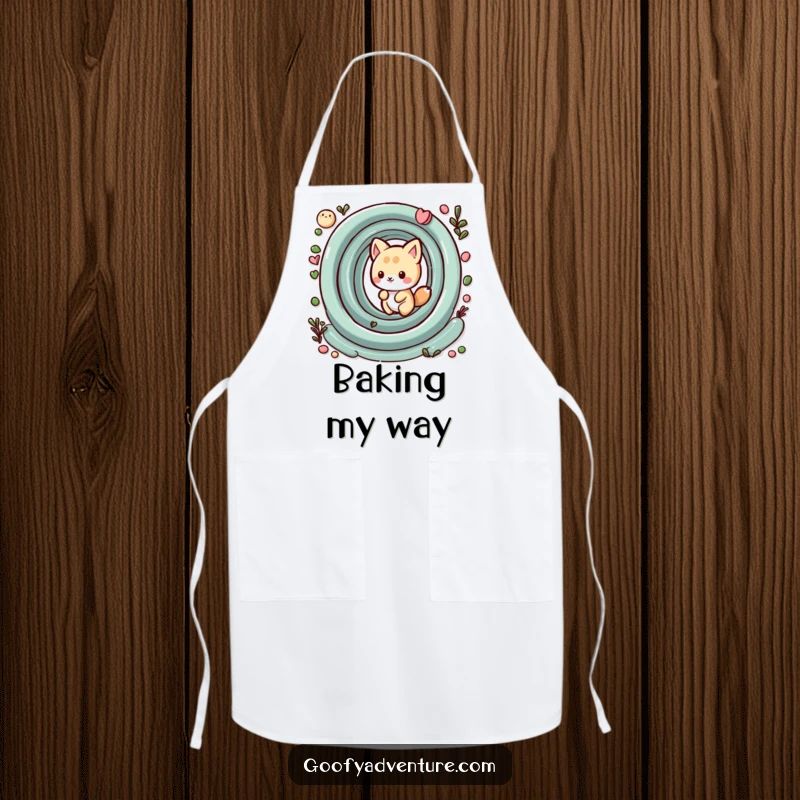 Funny kawaii animal character playfully navigating a whimsical maze, a humorous and practical apron for kitchen tasks.
