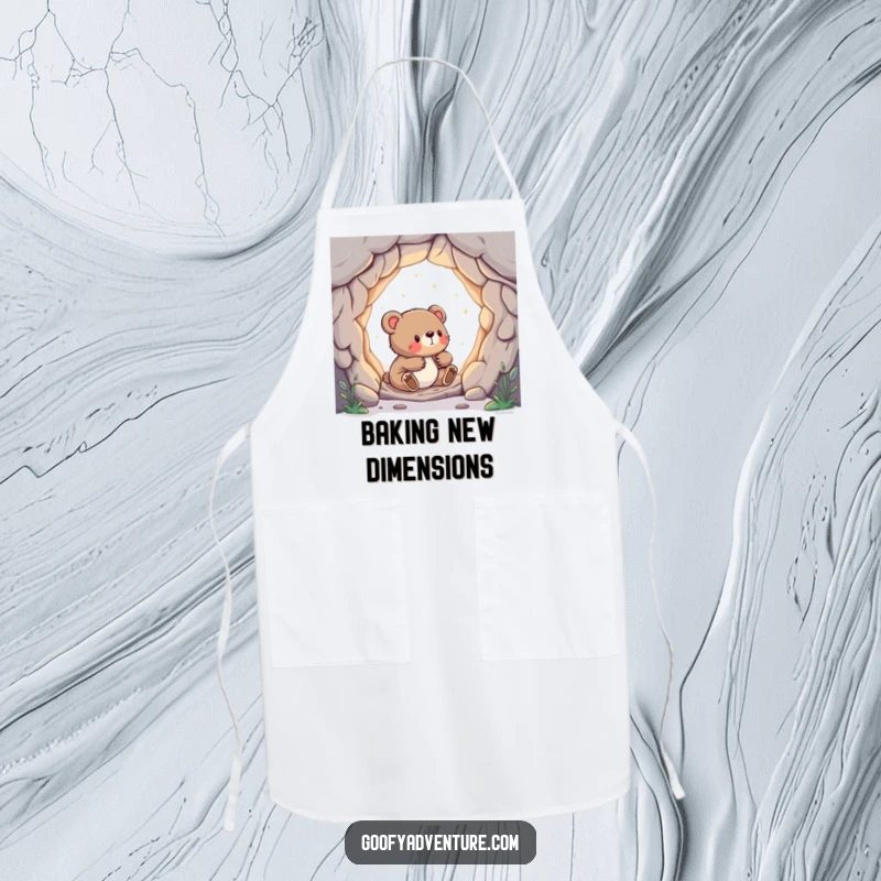 Funny apron with a curious bear cub discovering a portal to another world, ideal for the adventurous chef.
