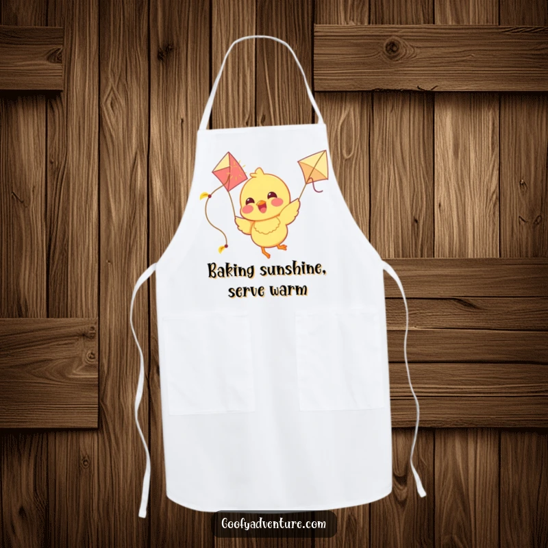 Funny Chick Apron: A joyous chick flies with a kite made of sunshine, a cheerful and protective accessory for the kitchen.