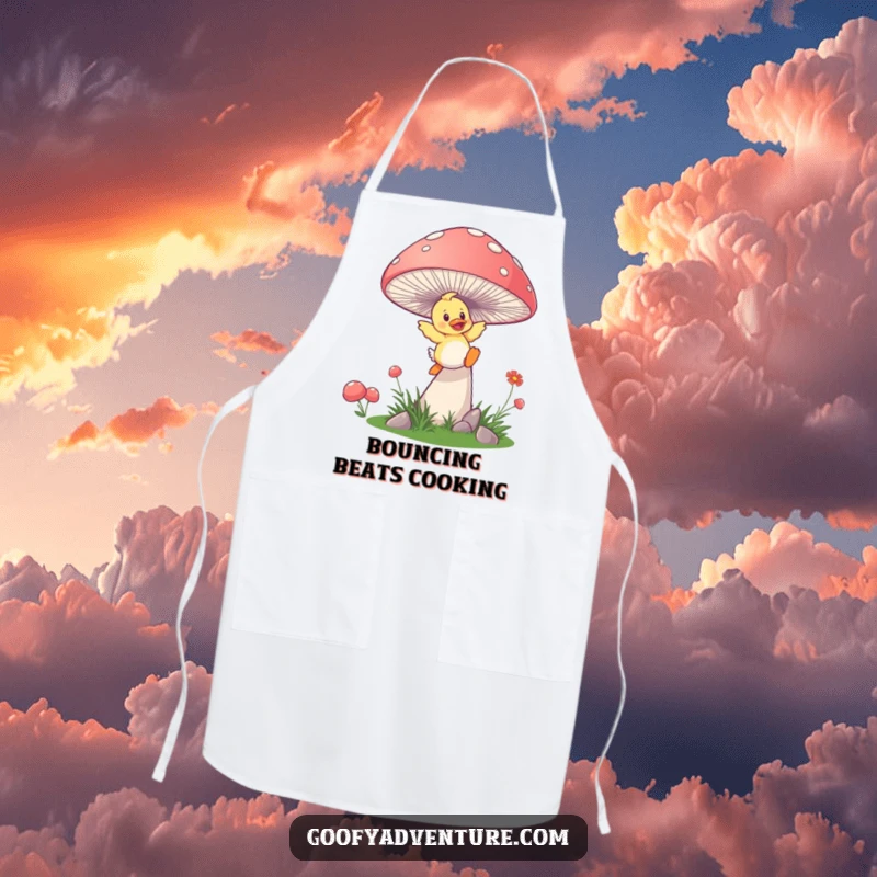 Funny duckling mushroom apron, a playful duckling launching from a giant, springy mushroom, perfect for fun in the kitchen.