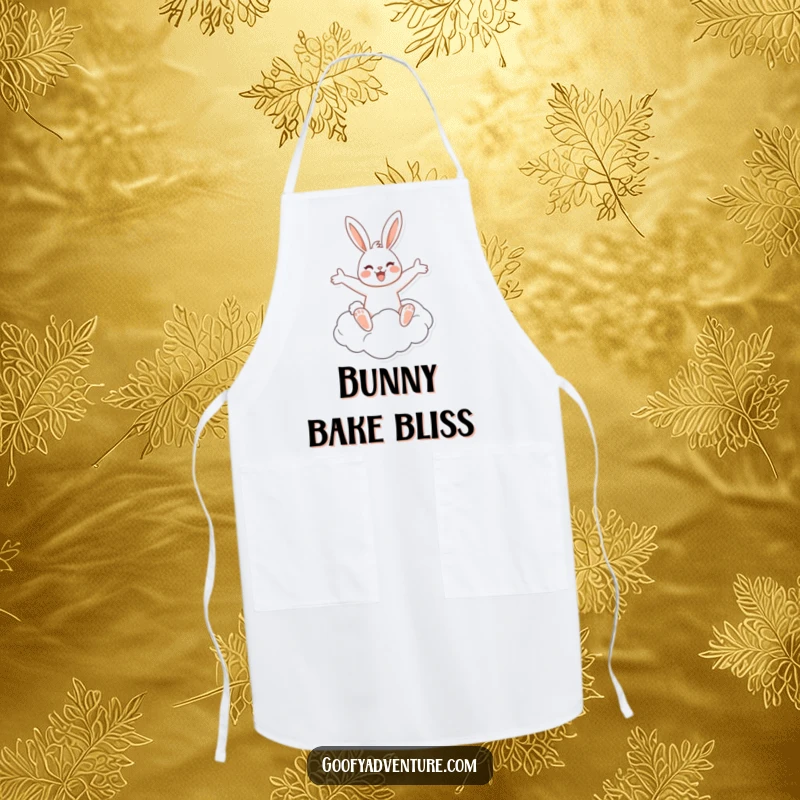 Funny apron featuring a cheerful rabbit riding a flying cloud with arms outstretched, perfect for whimsical kitchen tasks.
