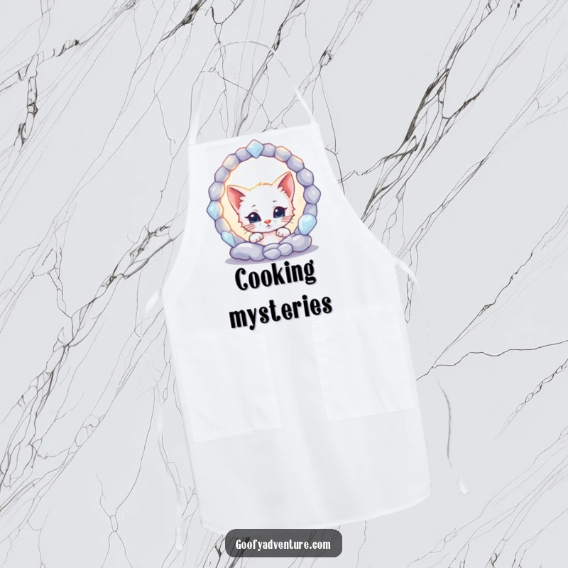 Funny kitten character peeking into a shimmering, mystical portal on a kitchen apron, adding a touch of enchantment to cooking.