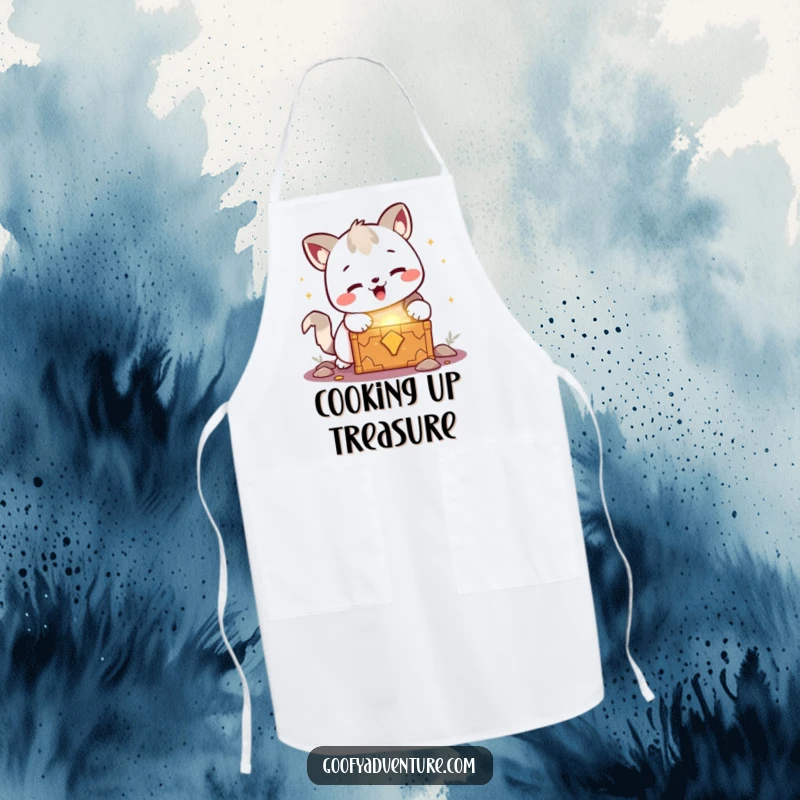 Funny kawaii animal character joyfully discovering a glowing treasure chest, a humorous and practical apron for cooking.