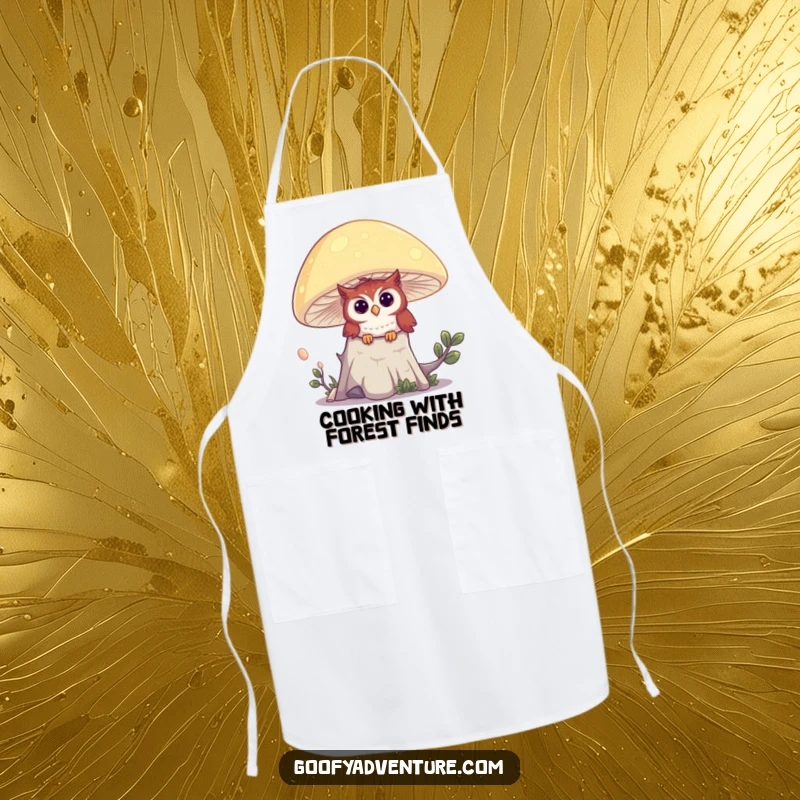 Funny apron with a curious owl peeking from behind a large, glowing mushroom, perfect for adding a magical touch to cooking.