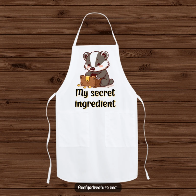 Funny Badger Apron: A clever badger finds a hidden treasure chest, a humorous and protective garment for the intelligent home cook.