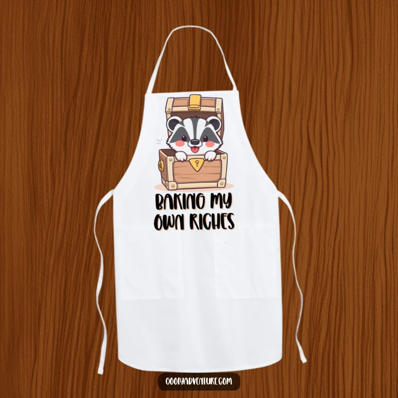 Funny apron with a smiling badger emerging from a treasure chest, ready to guard against kitchen mishaps.