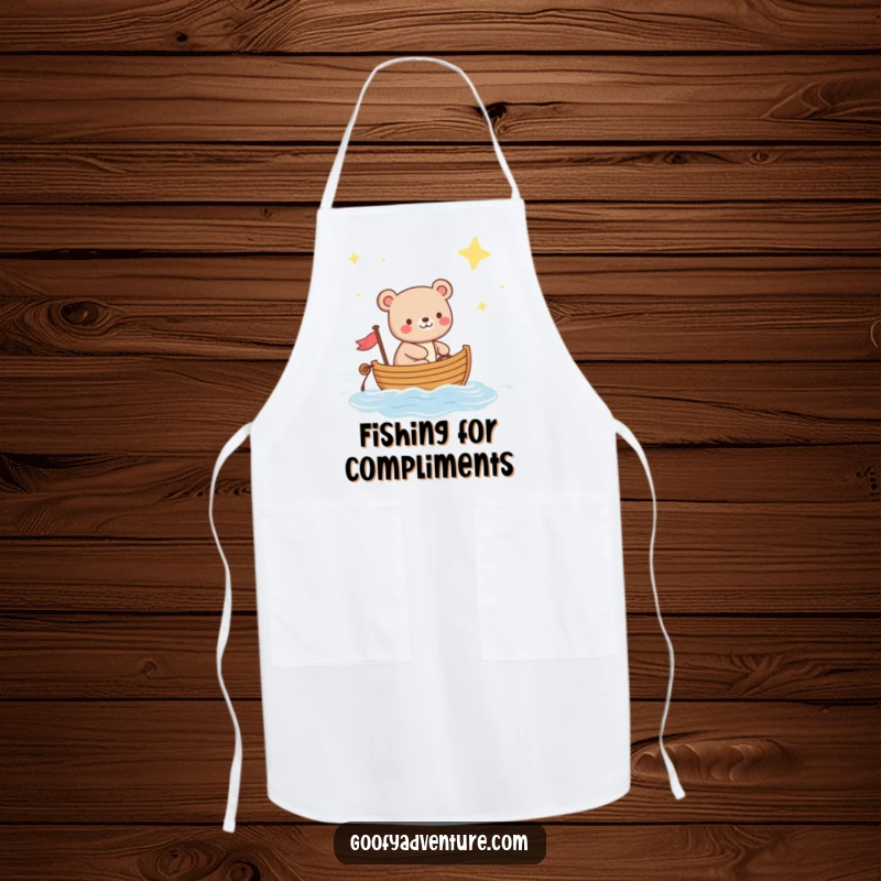 Funny apron with a happy bear sailing a boat across a starry ocean, perfect for adding a whimsical touch to cooking.