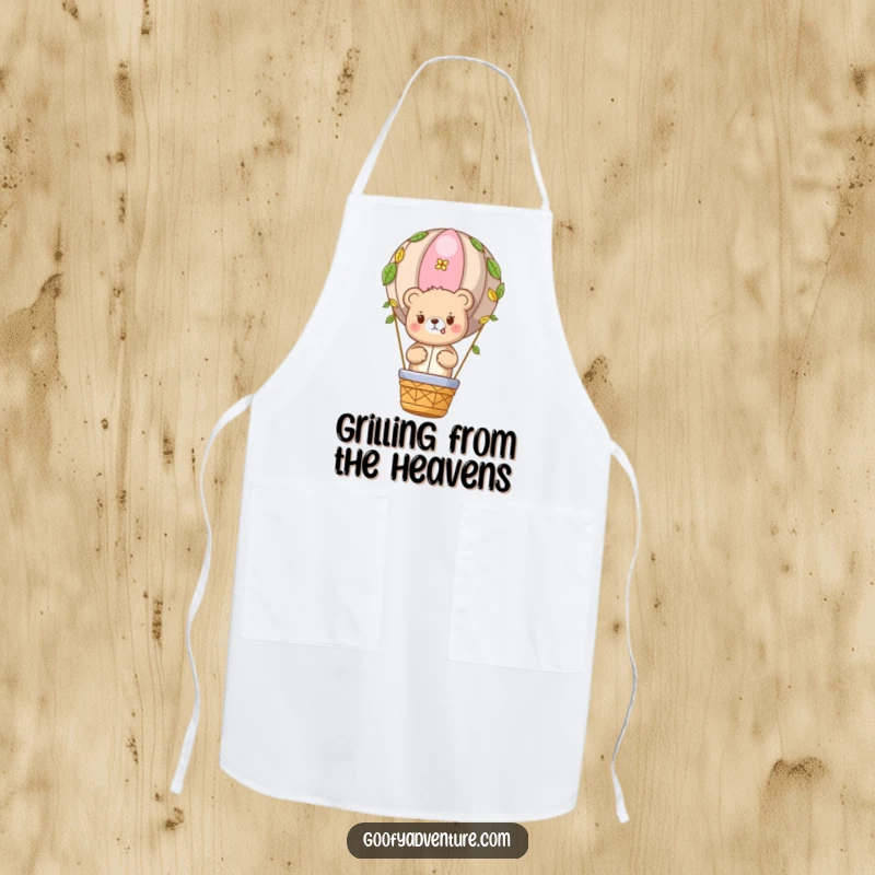 Funny Bear Chef Apron: Cute bear character in a hot air balloon, adding humor to kitchen tasks.