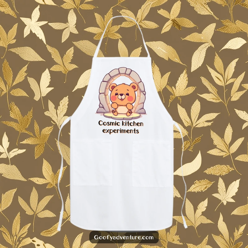 Funny Bear Apron: A curious bear character excitedly peering into a magical, glowing portal, ready for kitchen magic.