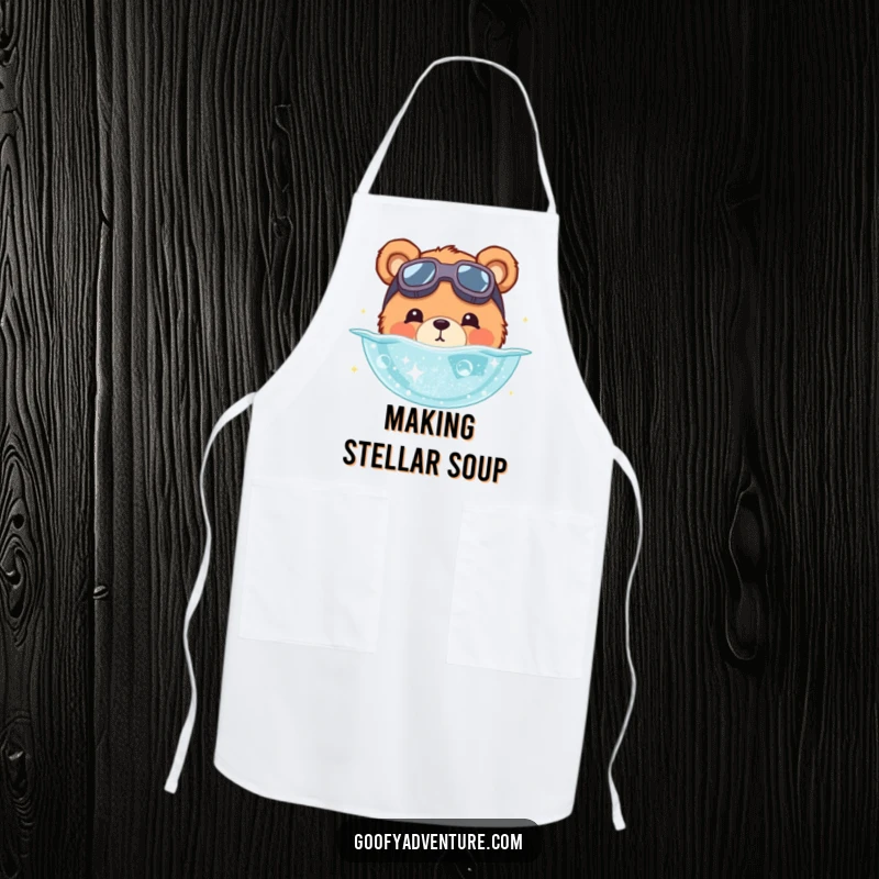 Funny bear apron with a cute bear wearing goggles, diving into a pool of stardust. Ideal for cosmic cooking.