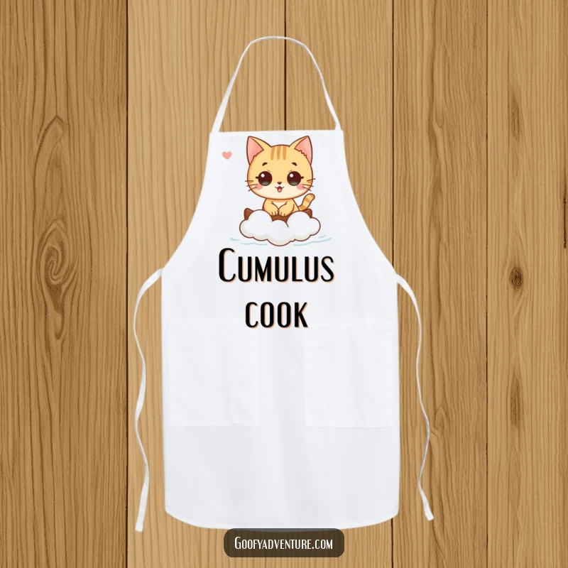Funny cat character sailing on a cloud boat on a kitchen apron, bringing whimsical charm, funny gift.