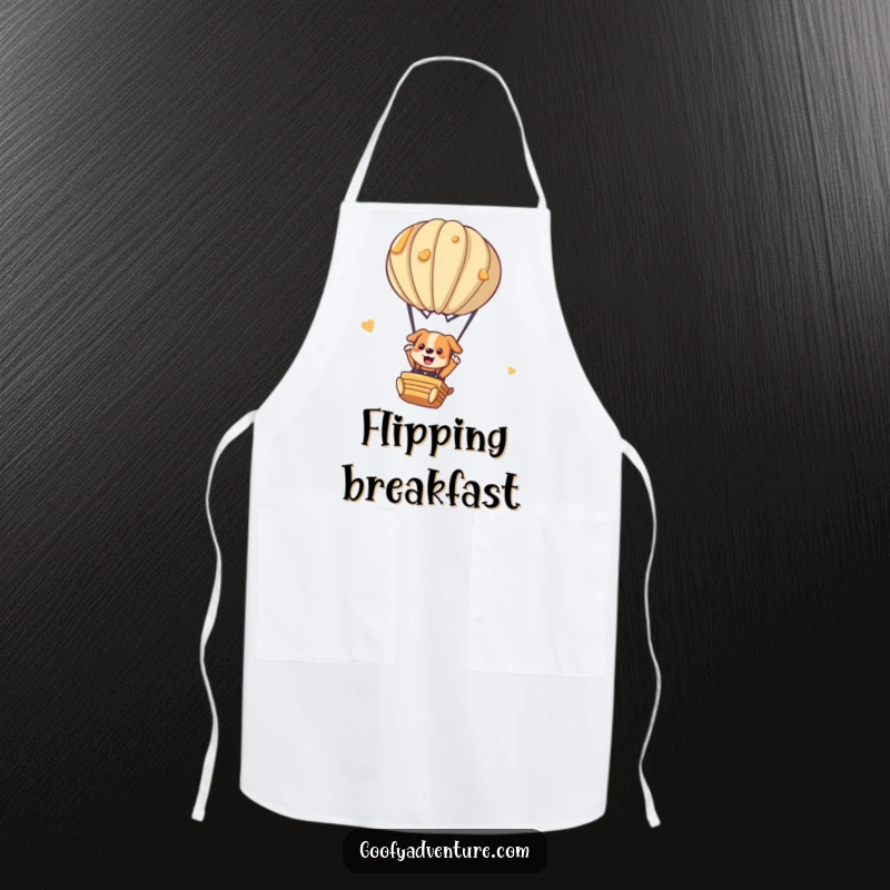 Funny dog apron with a playful dog parachuting from a pancake hot air balloon. Ideal for breakfast cooking.