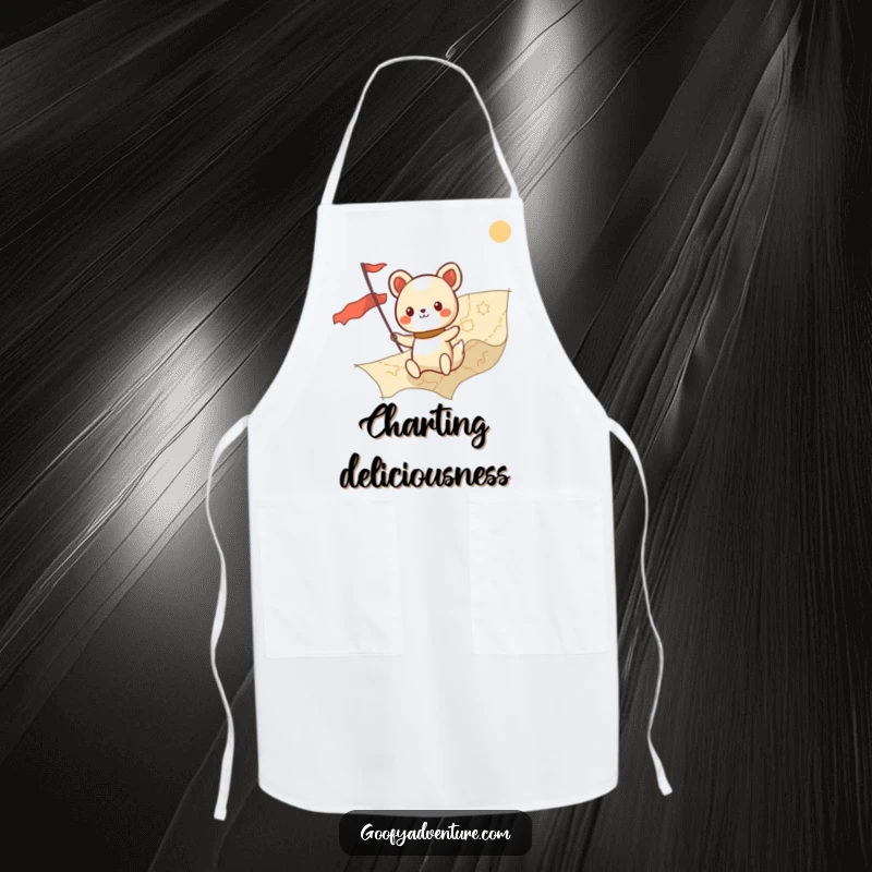 Funny kawaii animal character charting a course on a giant map, designed as a humorous and practical kitchen apron.