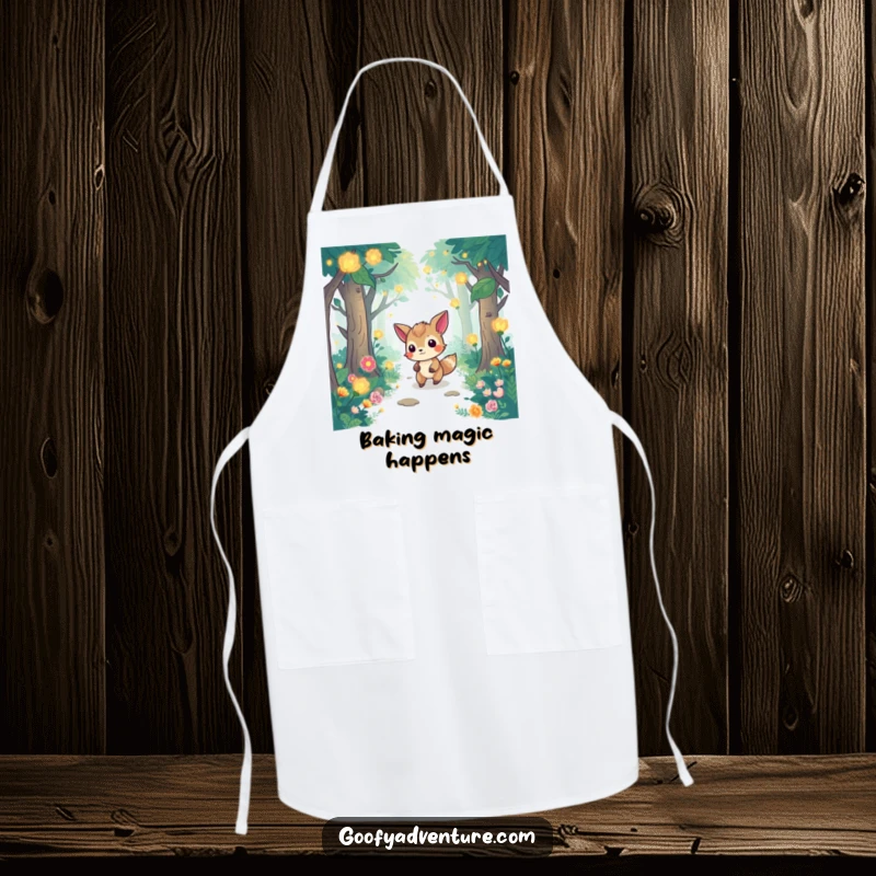 Funny apron with a determined animal character navigating a whimsical forest filled with glowing flora, ideal for a magical culinary journey.