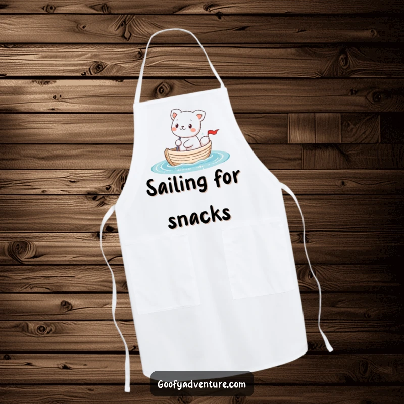 Funny kawaii animal character sailing a tiny boat on sparkly water, a humorous and practical apron for kitchen fun.