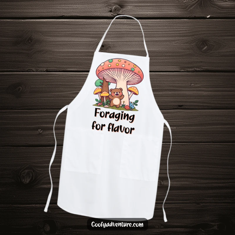 Funny Kawaii bear mushroom forest apron, excitedly exploring a giant, colorful mushroom landscape, perfect for kitchen adventures.