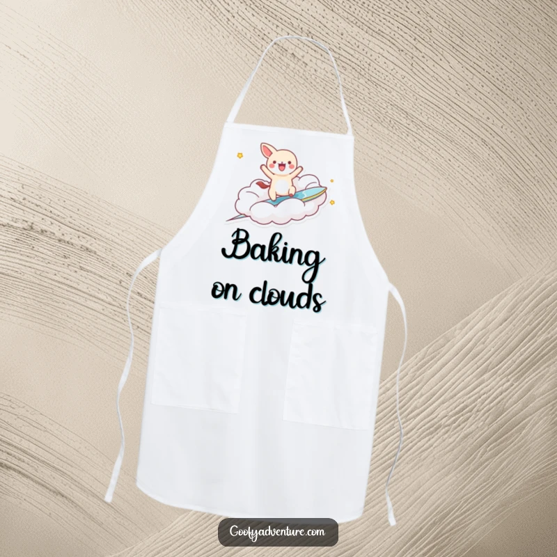 Funny kawaii animal character wearing an apron, playfully surfing on a cloud, adding humor to kitchen activities.