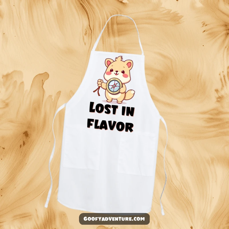 Funny kawaii animal character wearing an apron, holding a compass and pointing, adding humor to the kitchen.