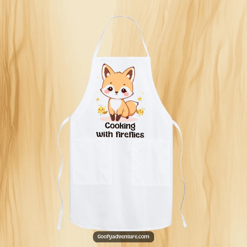 Funny kawaii fox chef apron, leading a parade of smiling fireflies, ideal for kitchen or late-night creative sessions.
