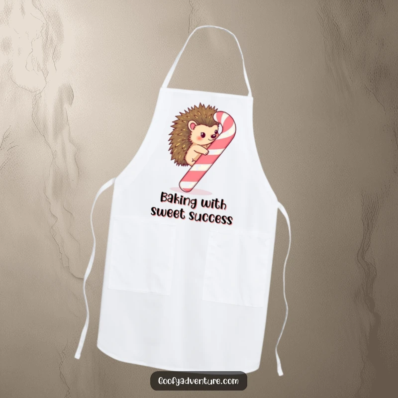 Funny Kawaii hedgehog climbing a festive candy cane on an apron, ready for holiday baking adventures.