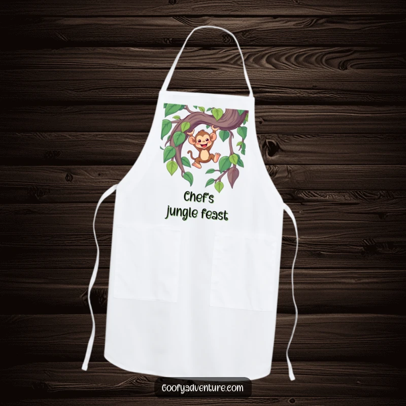 Funny kitchen apron with a cheerful monkey character swinging from a giant, whimsical jungle vine.