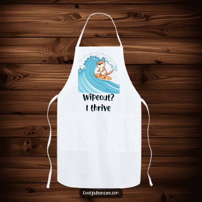 Funny kitchen apron with a happy otter surfing a massive ocean wave on a surfboard, perfect for cooking.
