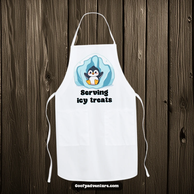 Funny playful penguin sliding down an icy glacier, durable kitchen apron, winter theme, perfect funny gift.