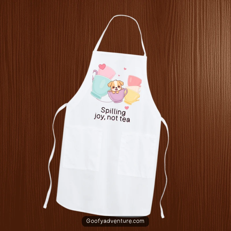 Funny apron showing a giggling puppy ziplining between oversized teacups, ideal for kitchen fun and protecting clothes with style.