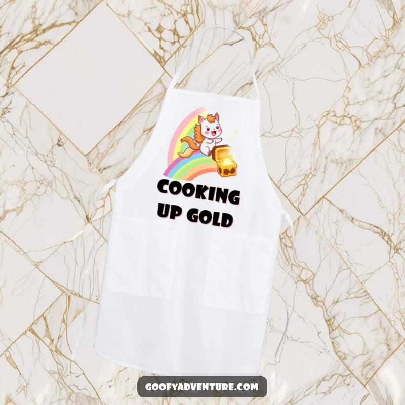 Funny apron with a joyful animal character joyfully riding a rainbow towards a treasure chest, perfect for a culinary adventure.