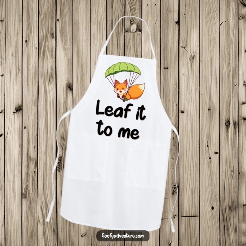 Funny fox character paragliding with a giant leaf parachute, featured on a functional kitchen apron, ready for meal prep.