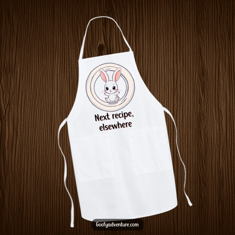 Funny kitchen apron with a curious rabbit character about to jump into a swirling, magical portal.