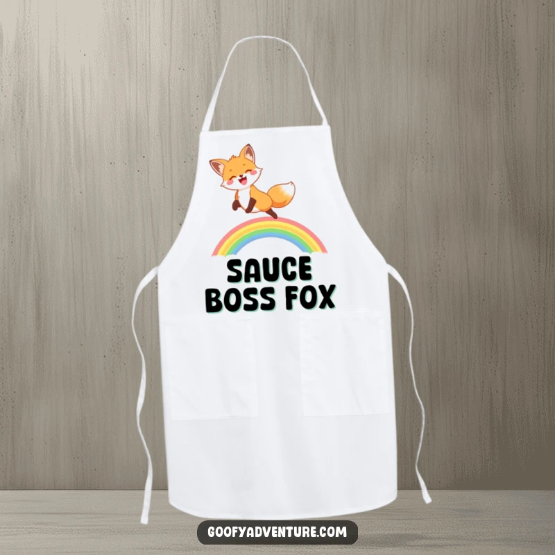 Funny apron depicting a happy fox leaping over a bright rainbow, designed for cheerful cooking and baking.