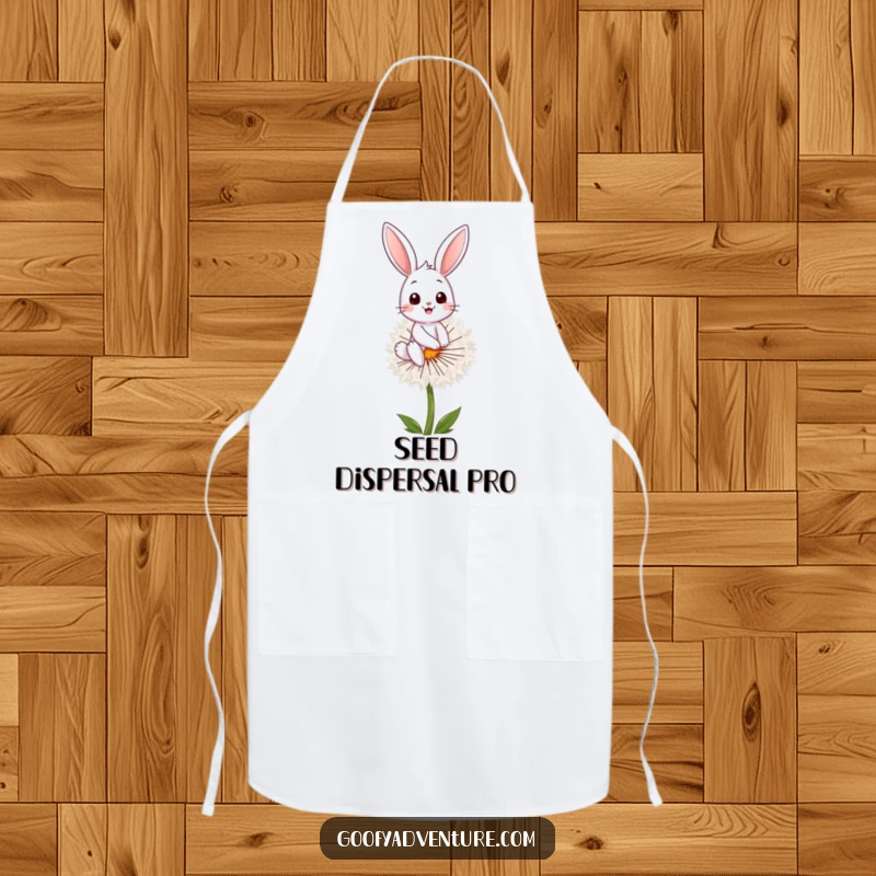 Funny bunny character on a dandelion seed, adorning a kitchen apron, ready for culinary fun, funny gift.