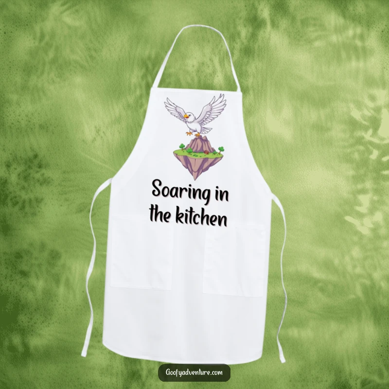 Funny eagle soaring over a fantasy floating island, durable kitchen apron, fantasy theme, perfect funny gift.
