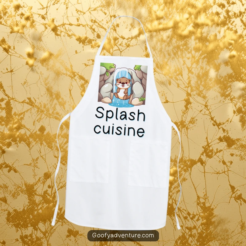 Funny apron featuring a playful otter sliding down a waterfall entrance, perfect for cheerful cooking and baking.
