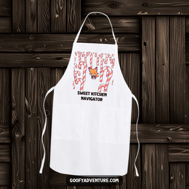 Funny Fox apron, determinedly navigating a maze made of giant candy canes, perfect for clever kitchen adventures.