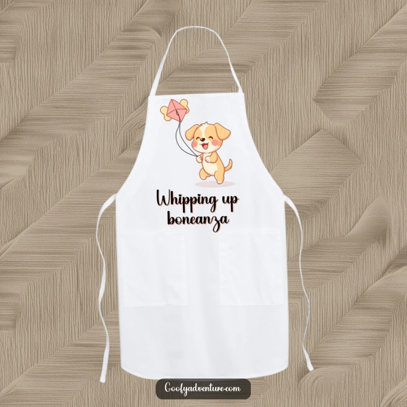 Funny puppy character playing with a bone kite on a cooking apron, making kitchen time a humorous delight.