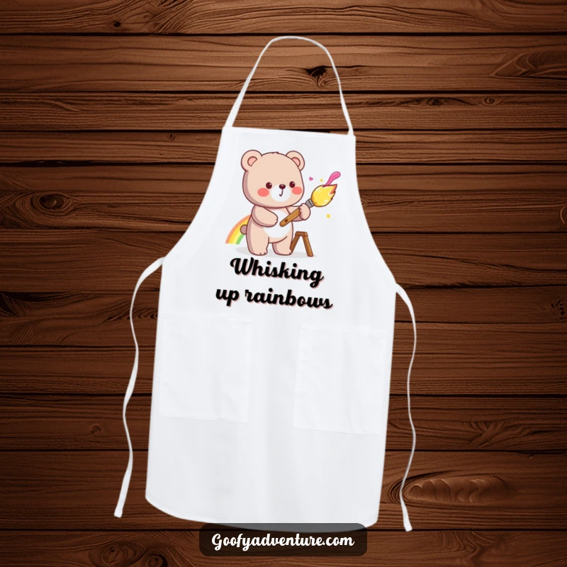 Funny kawaii bear artist apron, painting a rainbow with a cheerful paintbrush, ideal for painting or crafting sessions.