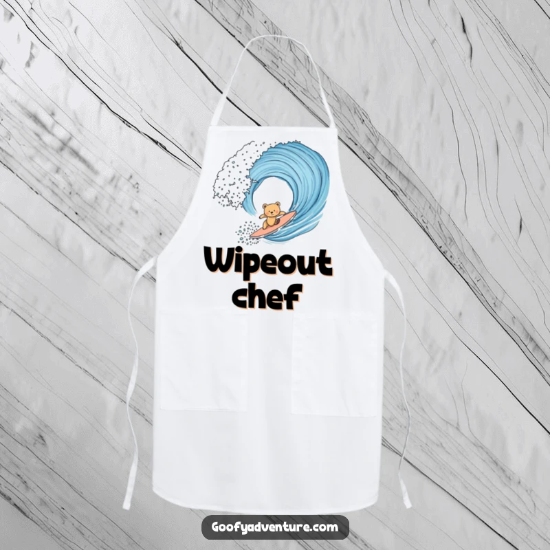 Funny bear cub humorously surfing a giant ocean wave on a kitchen apron, ready to tackle messy recipes with a smile.
