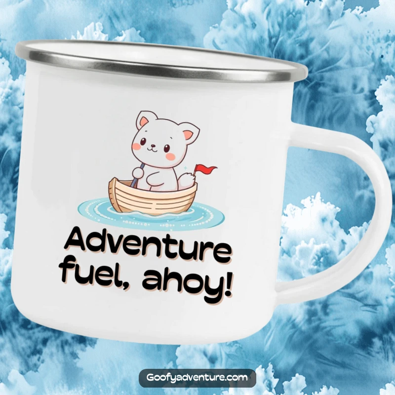 Funny kawaii animal character sailing a tiny boat on sparkly water, a tough and humorous camping mug for adventurers.