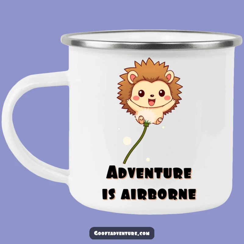 Funny Hedgehog Camping Mug: Rugged Dandelion Seed Adventure Drinkware