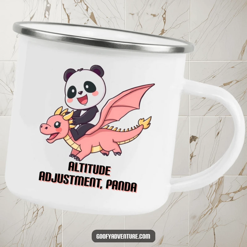 Funny durable camping mug with a cute panda riding a flying dragon through a vibrant rainbow, for outdoor use.
