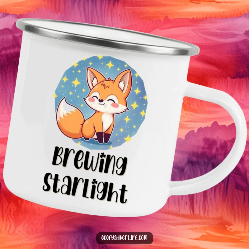 Funny fox character exploring a starry galaxy on a durable camping mug, perfect for outdoor brews, funny gift.