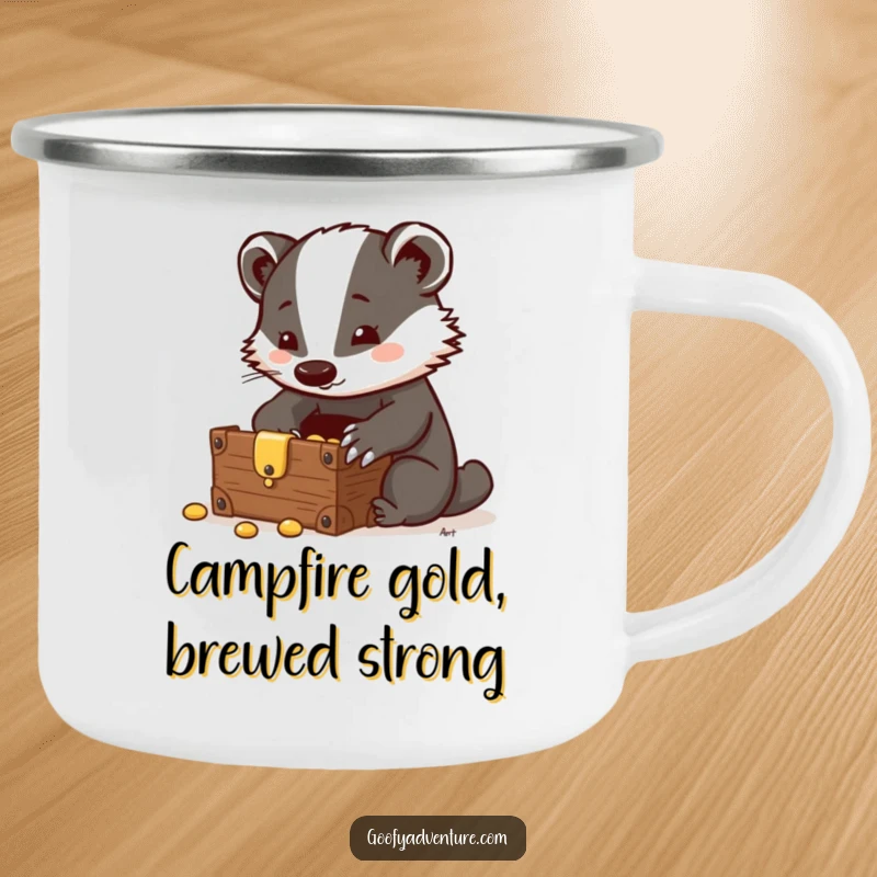 Funny Badger Camping Mug: A clever badger finds a hidden treasure chest, perfect for outdoor enthusiasts who appreciate intelligence.