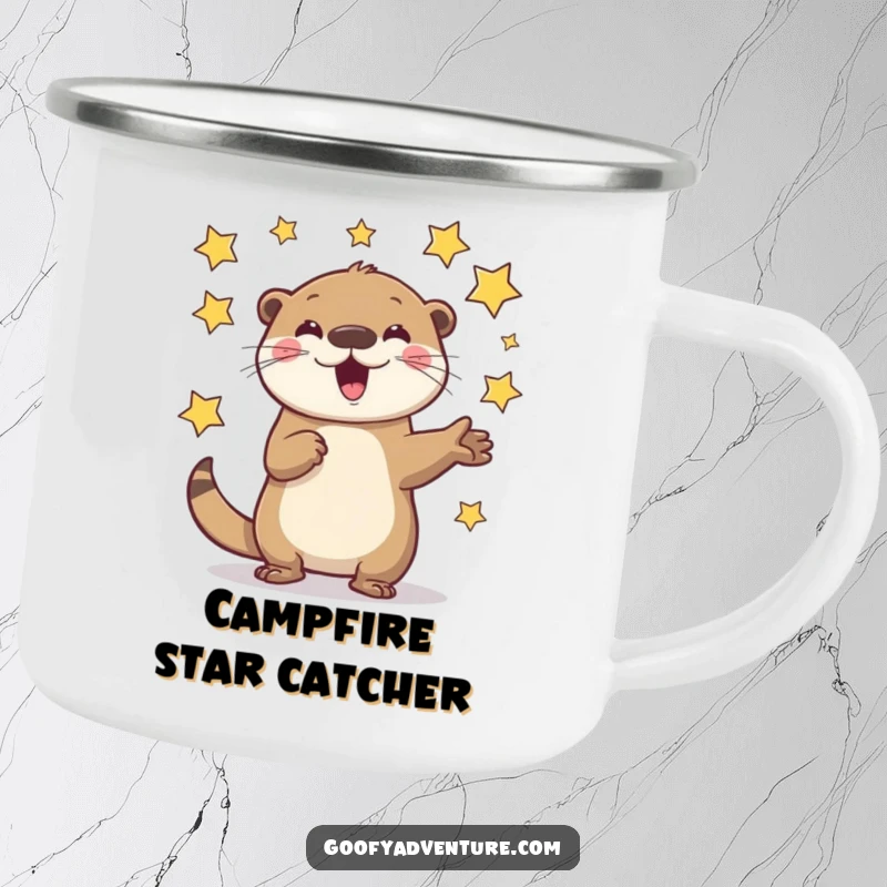 Funny Otter Camping Mug: A playful otter character enthusiastically juggling flying stars, perfect for cosmic outdoor trips.