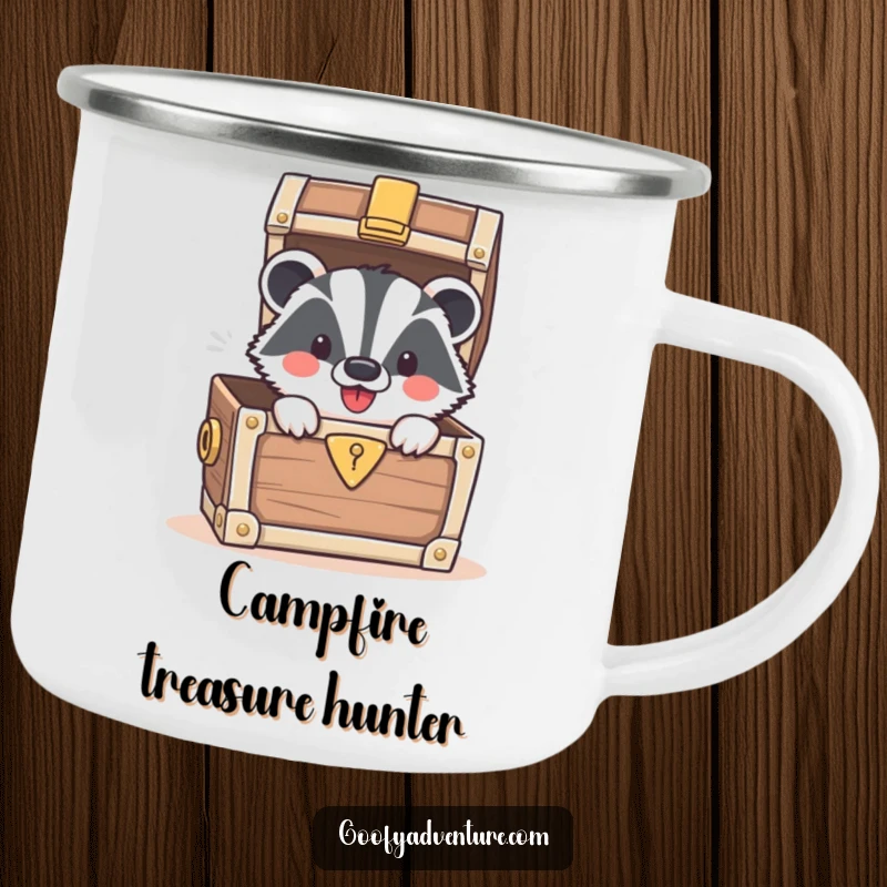 Funny camping mug featuring a smiling badger peeking from a treasure chest full of gold, symbolizing outdoor bounty.