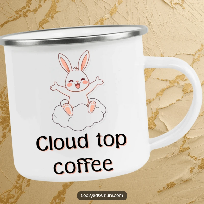 A sturdy camping mug featuring a funny, cheerful rabbit riding a cloud with arms outstretched, ideal for enjoying beverages outdoors.
